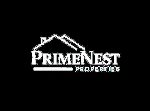 PrimeNest Properties logo featuring a white house icon with text on black background